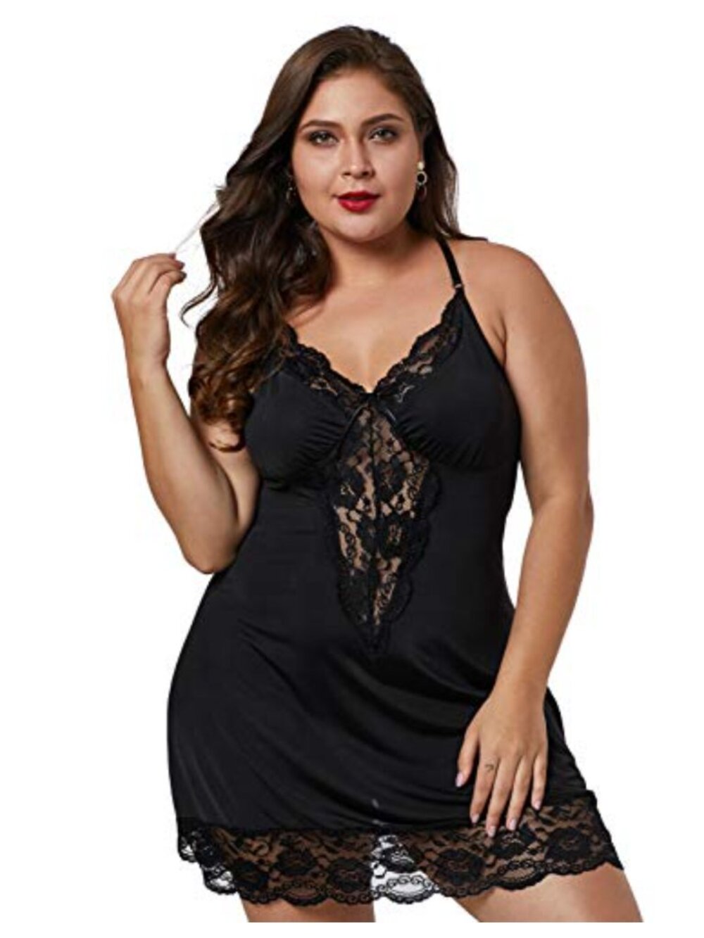 Lace Satin Sleepdress with Thong Set Plus Size Sleeveless V-Neck